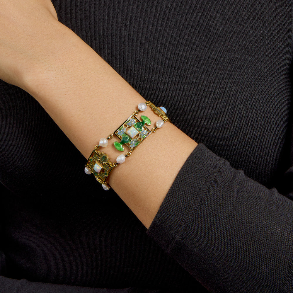 Macklowe Gallery René Lalique Art Nouveau Plique-à-jour Enamel, Opal and Pearl "Thistle of Lorraine" Bracelet