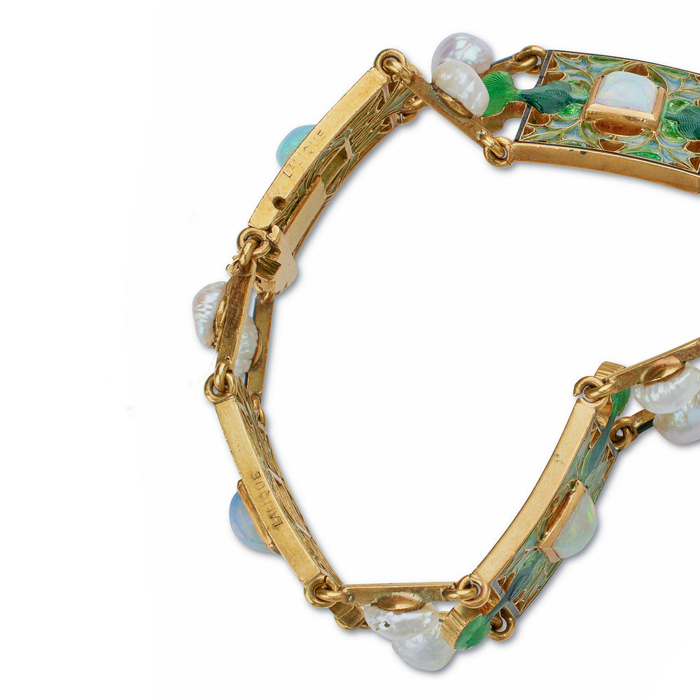 
                      
                        Macklowe Gallery René Lalique Art Nouveau Plique-à-jour Enamel, Opal and Pearl "Thistle of Lorraine" Bracelet
                      
                    