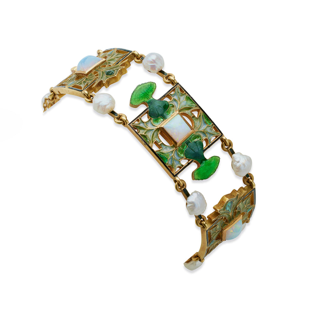 
                      
                        Macklowe Gallery René Lalique Art Nouveau Plique-à-jour Enamel, Opal and Pearl "Thistle of Lorraine" Bracelet
                      
                    