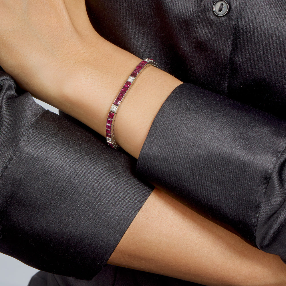 Macklowe Gallery Mid Century Ruby and Diamond Line Bracelet
