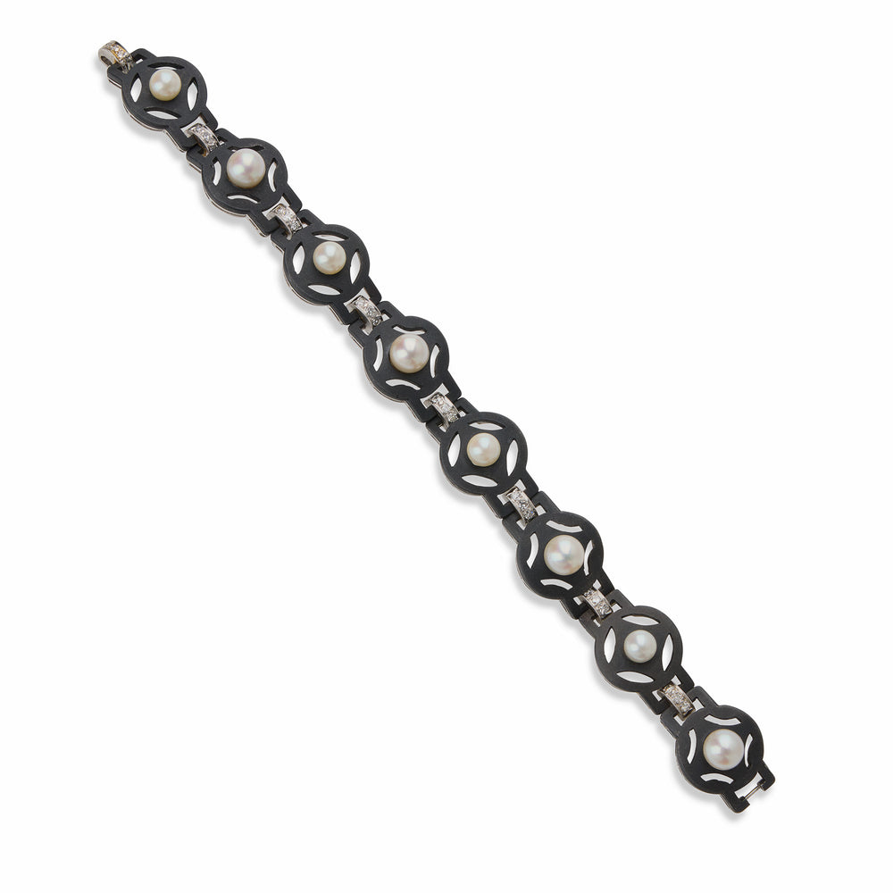 Macklowe Gallery G.T. Marsh & Co. Blackened Steel, Diamond and Cultured Pearl Bracelet