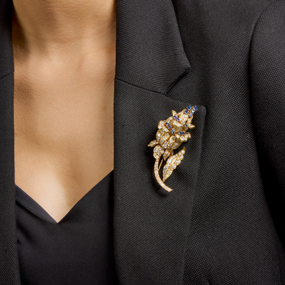 Macklowe Gallery Lacloche Frères Diamond and Sapphire Flower Brooch