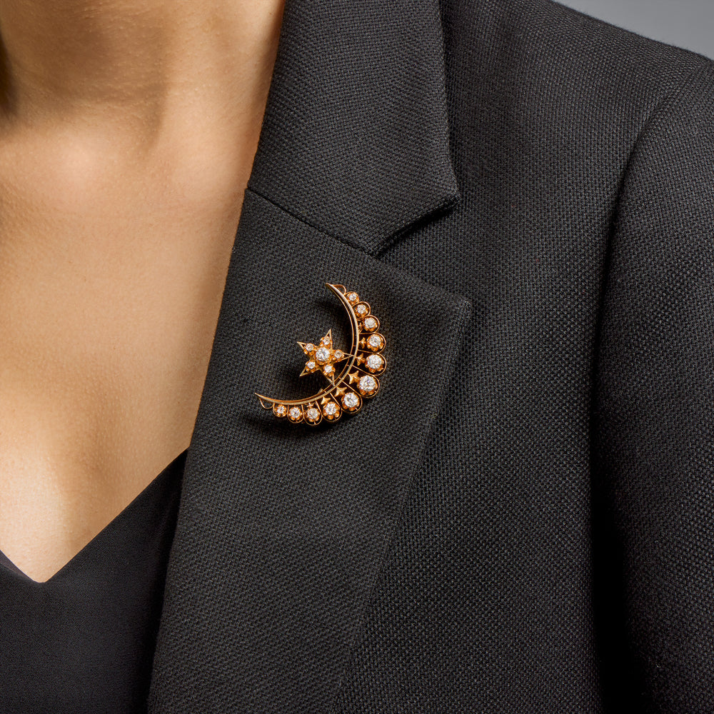 Macklowe Gallery Old Mine-cut Diamond Star and Crescent New Moon Brooch