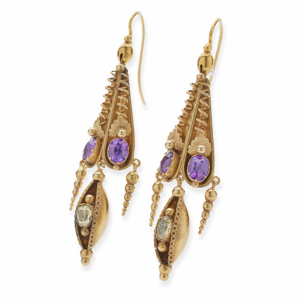 
                      
                        Macklowe Gallery English 15k Gold Amethyst and Green Chrysoberyl Pendant Earrings
                      
                    