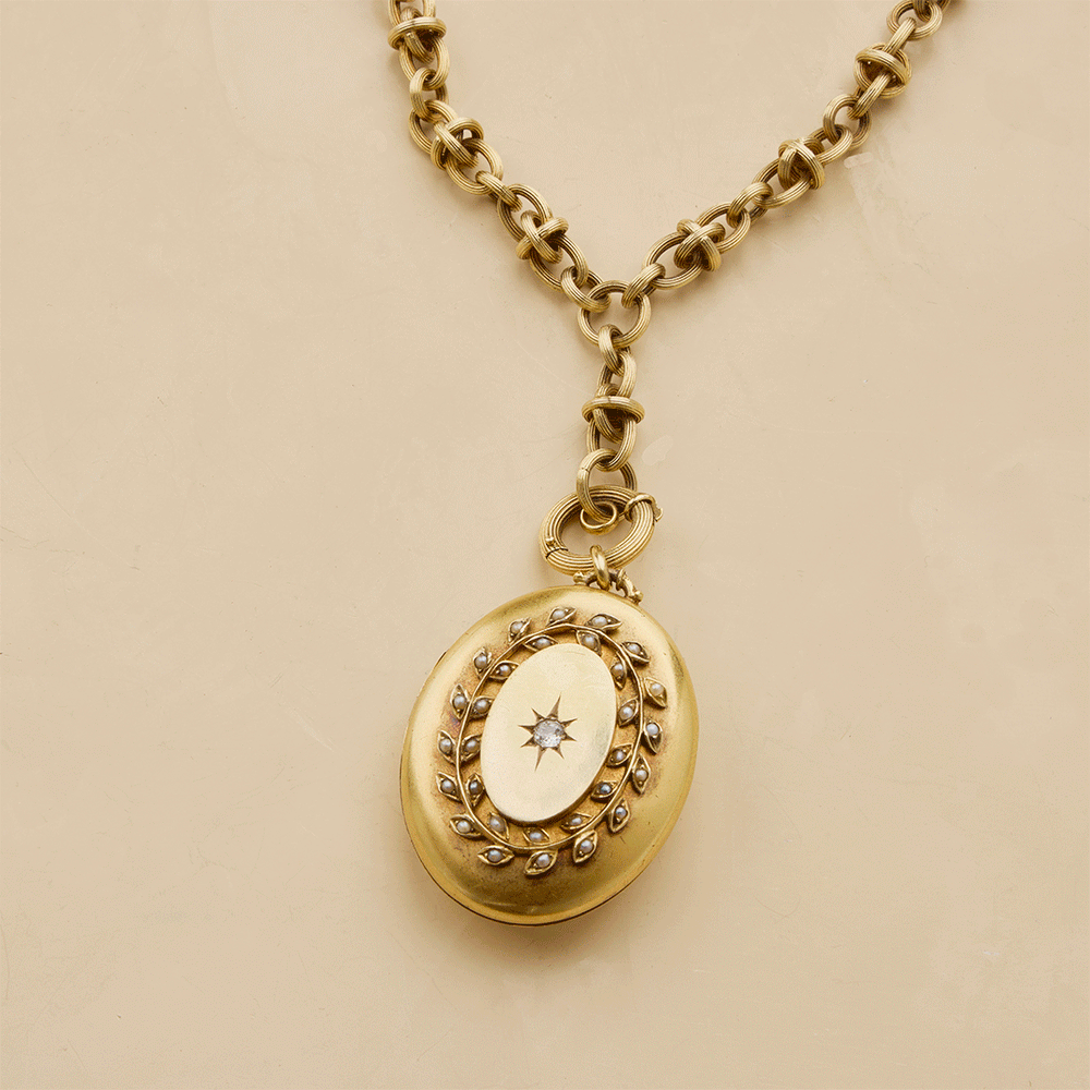 
                      
                        Diamond and Seed Pearl Gold Locket Necklace
                      
                    