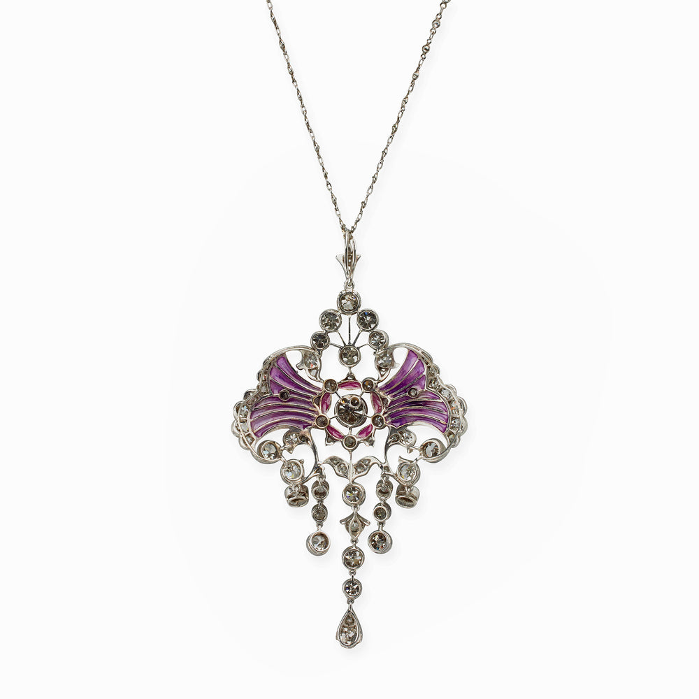 
                      
                        Macklowe Gallery Edwardian Diamond and Plique-à-jour Enamel Pendant Necklace
                      
                    