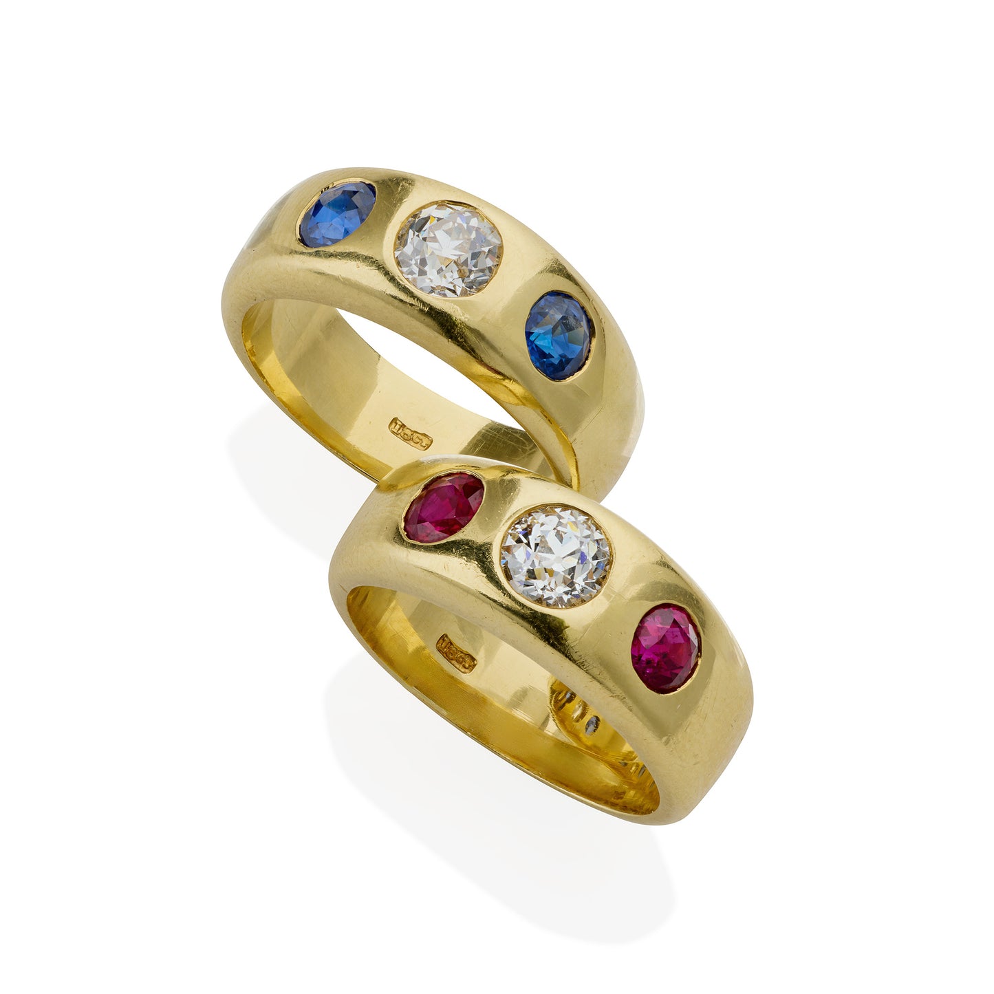 Macklowe Gallery Pair of Victorian Three Stone Diamond, Ruby and Sapphire Rings