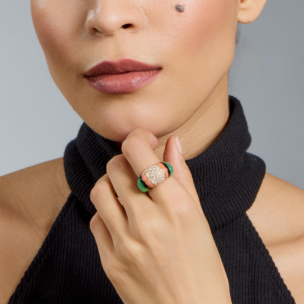 Macklowe Gallery Van Cleef & Arpels Diamond, Chrysoprase and Coral Bombé Ring
