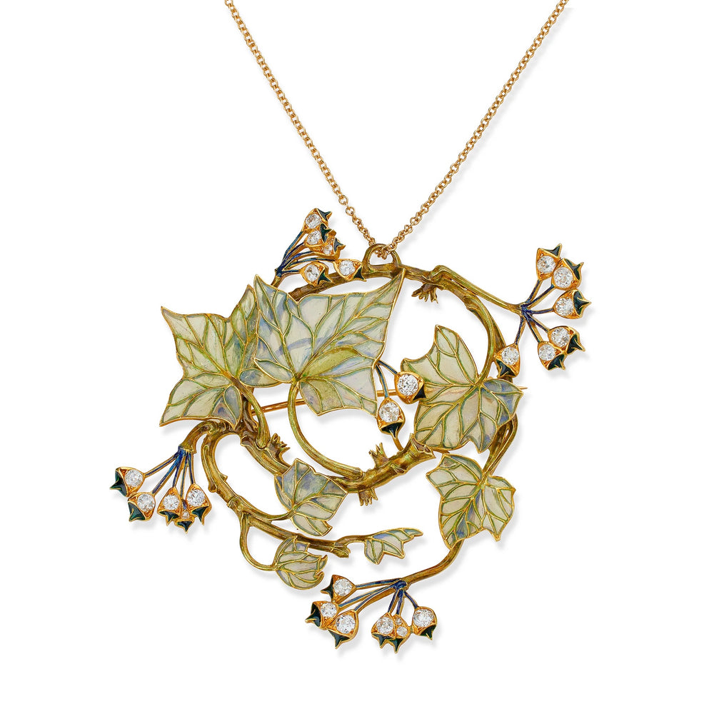 Macklowe Gallery René Lalique Art Nouveau Plique-à-Jour Enamel and Diamond "Lierre" Ivy Pendant Brooch/Necklace