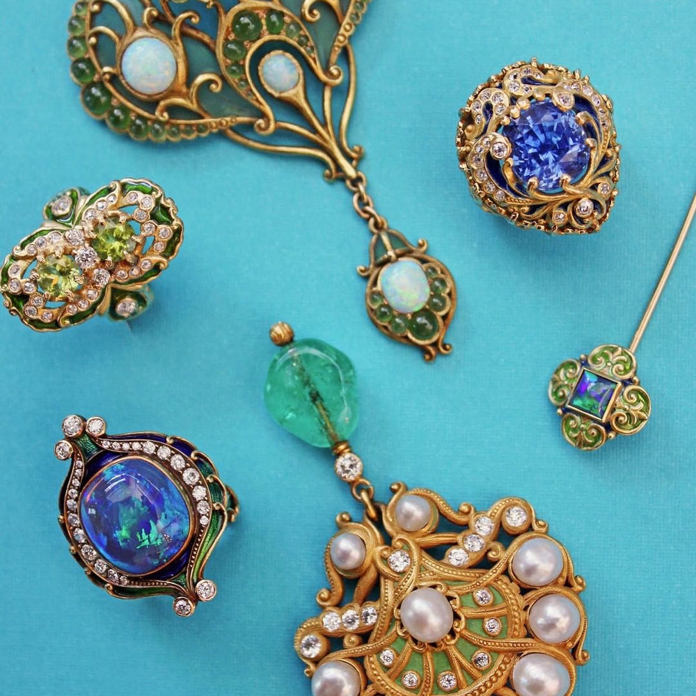 
                      
                        Marcus & Co. Opal, Chrysoprase, and Plique-à-Jour Enamel Brooch
                      
                    