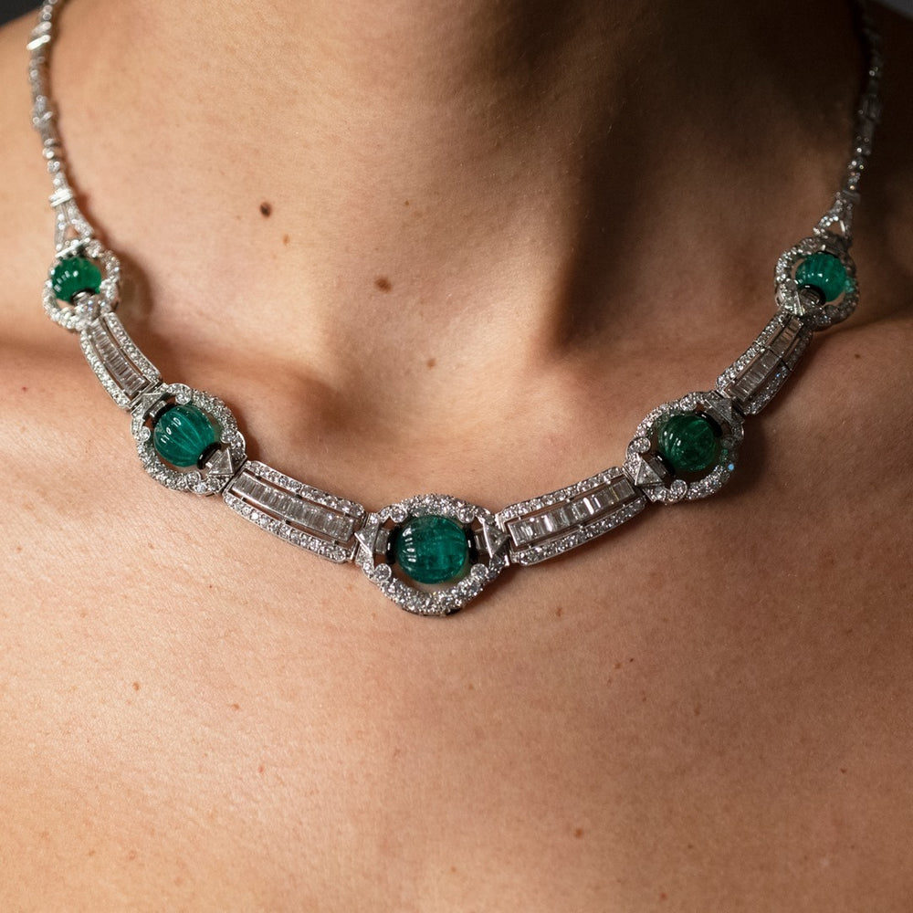 
                      
                        Carved Emerald Bead and Diamond Collar Necklace
                      
                    