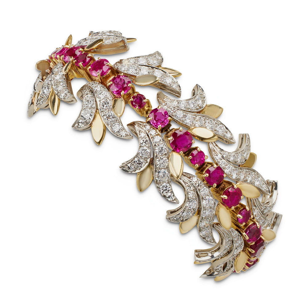 
                      
                        Macklowe Gallery Tiffany & Co. Burmese Ruby and Diamond Leaf Bracelet
                      
                    