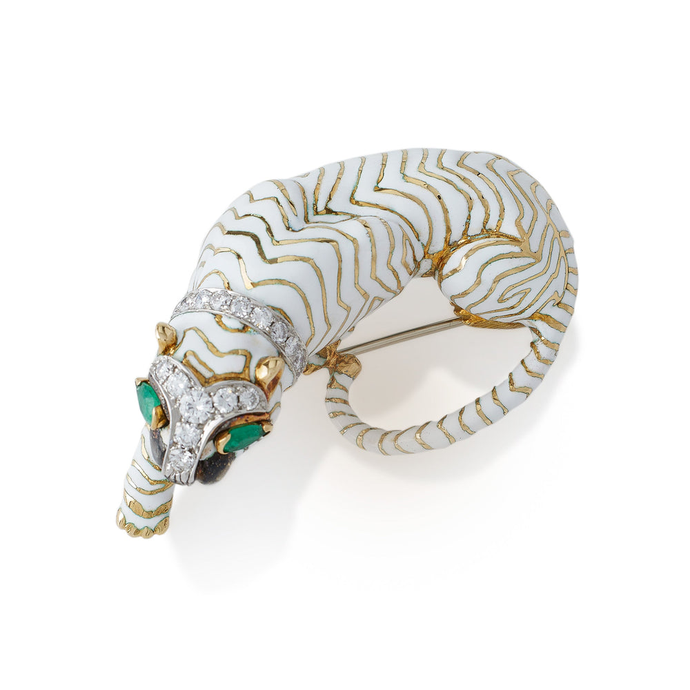 
                      
                        Macklowe Gallery David Webb White Enamel Tiger Brooch
                      
                    