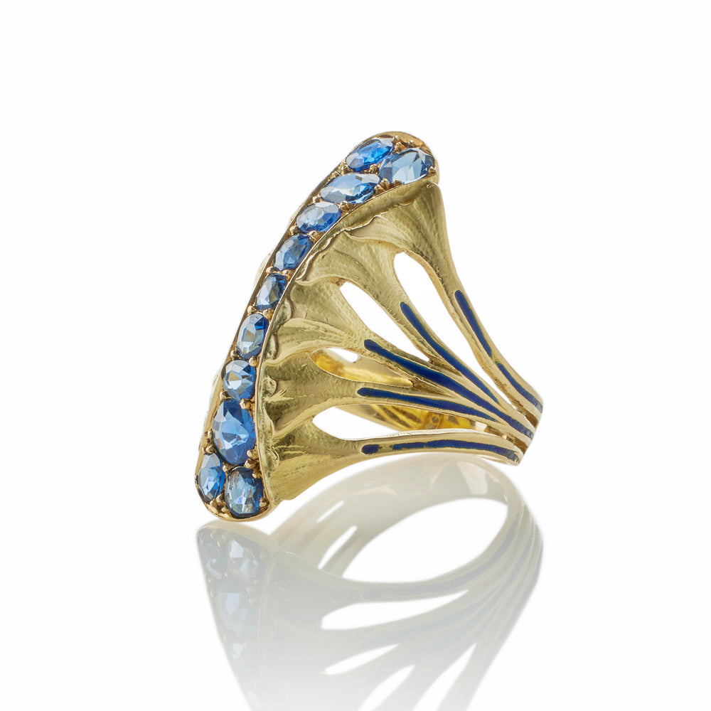
                      
                        Macklowe Gallery Rare Edouard de Martilly Paris Sapphire and Enamel Lotus Flower Ring
                      
                    