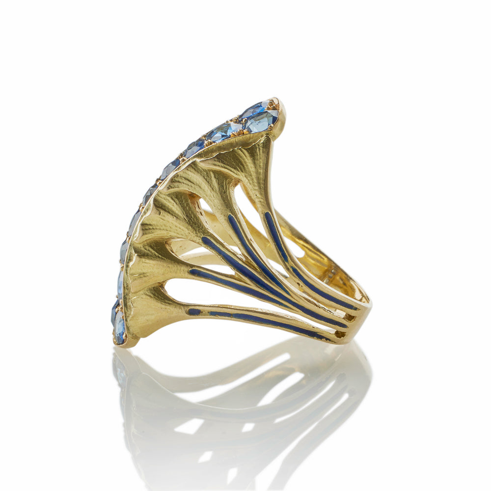 
                      
                        Macklowe Gallery Rare Edouard de Martilly Paris Sapphire and Enamel Lotus Flower Ring
                      
                    